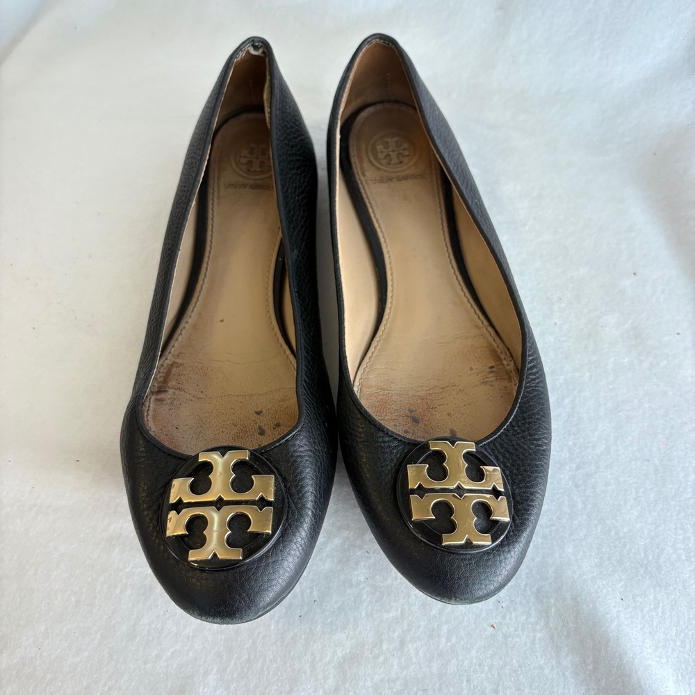 Tory Burch Reva Black Pebbled Leather Gold Logo Medallion Ballet Flats Mens 8